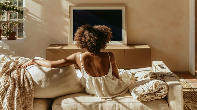 Back view of a woman with afro hair watching television in a cozy living room, sitting on a soft couch with a knit blanket for streaming and leisure lifestyle mockup