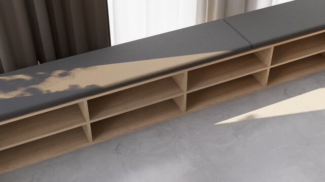 Minimalist yoga studio seating bench with cushions in natural light