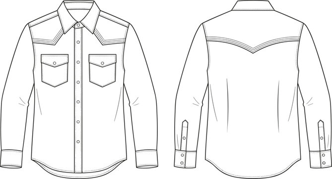 Western shirt technical sketch fashion flat drawing apparel design template vector illustration front and back view