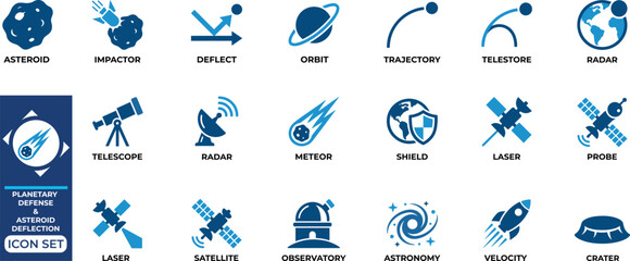 Planetary defense and asteroid deflection vector icon set. simple line icons with editable stroke. © B o W Graphics