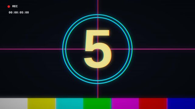 A digital countdown clock pulses on screen with retro broadcast color bars and a recording interface overlay.