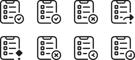 Checklist Icon Set, Task List Check Mark Cross and Arrow Outline Symbols © Laila
