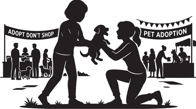  A black silhouette illustration featuring a person holding a puppy and a banner reading "ADOPT DON'T SHOP".