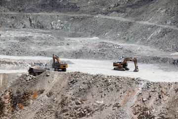Heavy Excavator Loading Mining Dump Truck at Open Pit Quarry – Construction Equipment and Mining Industry Operations © Yuhendri