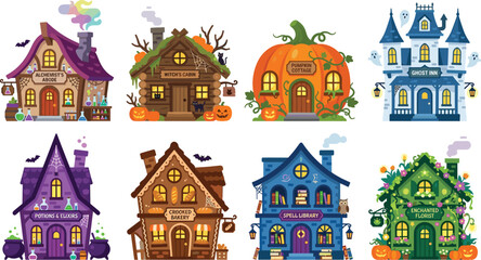 Fototapeta premium Halloween Fantasy Buildings Collection with Witch Cottage Haunted House Pumpkin Home Magic Shop and Spooky Village Vector Set