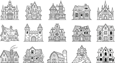 Obraz premium A comprehensive halloween vector bundle featuring a collection of hand drawn haunted house illustrations for spooky holiday design projects and decorations