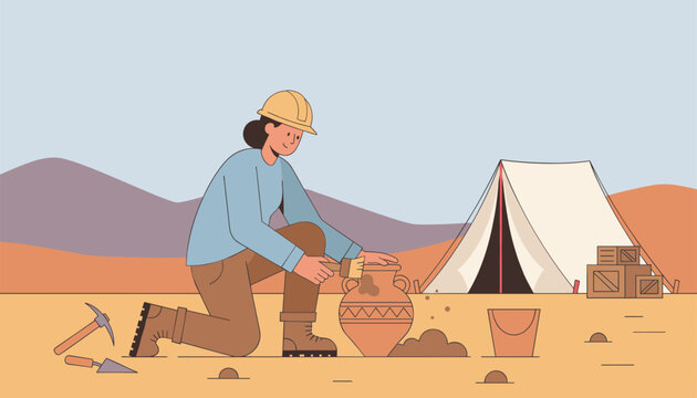 Female archaeologist wearing a yellow hard hat kneeling in the desert sand to carefully clean an ancient clay pottery jar.