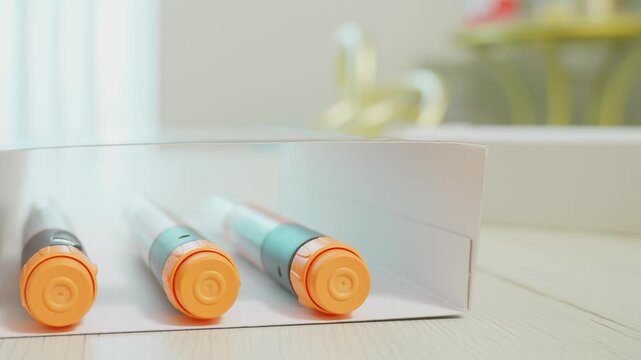Medical injection pens with orange caps inside white packaging box copy space