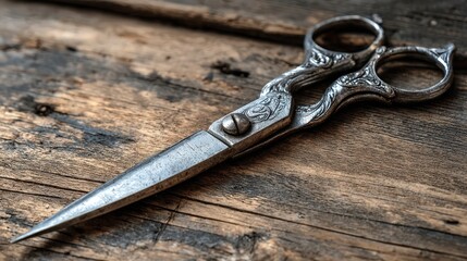 Obraz premium Antique Engraved Scissors with Aged Patina on Rustic Weathered Wood Surface