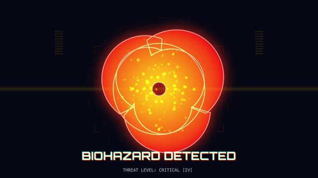 Futuristic Biohazard Warning Interface Animation with Glowing Orange Circular Radar Scanner and Critical Threat Alert Motion