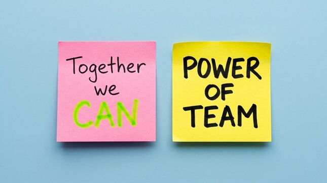 Inspirational teamwork sticky notes on blue background, motivational business concept with Together We Can and Power of Team text, colorful office supplies