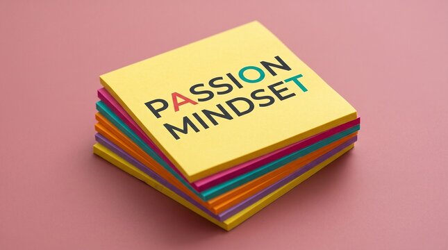 Passion Mindset motivational text on yellow sticky note, stack of colorful adhesive paper reminders, business inspiration and personal growth concept