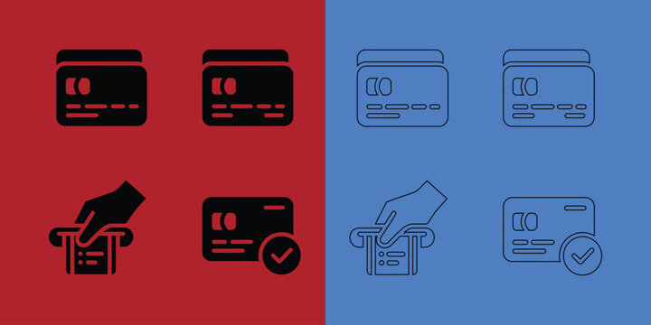 Financial transaction featuring credit cards and payment confirmation symbols in solid and outline styles
