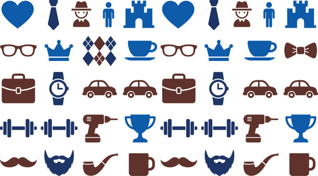 Fathers Day flat icon pattern set vector illustration featuring gentleman accessories mustache beard crown tie glasses car and tools icons in blue and brown