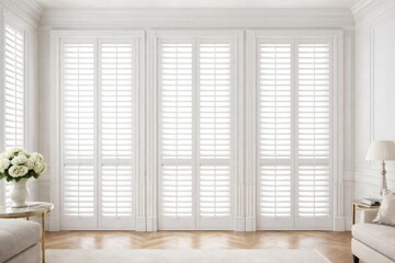 Fototapeta premium Bright Living Room with White Shuttered Windows and Elegant Decor