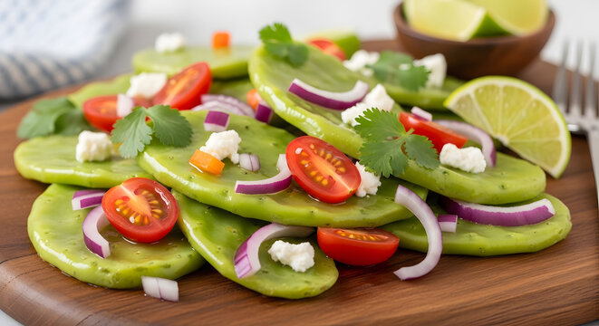 Nopal cactus salad with cherry tomatoes and cheese rests on a wooden board.