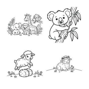 Set of cute baby animals for coloring book featuring koala giraffe lion sheep and funny farm creatures