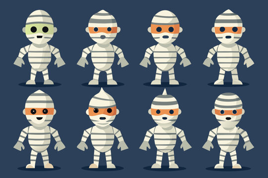 Set of cute mummy characters with different facial expressions, vector illustration of cartoon mummies for halloween design