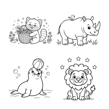 Set of cute cartoon animals for coloring book page featuring a cat rhino seal and lion cub