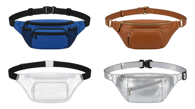 Four assorted fanny packs with adjustable straps during studio lighting Isolated on transparent background
