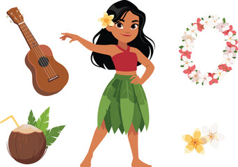 Cute Hawaiian Hula Girl Character Vector Set with Ukulele Guitar, Flower Lei Wreath, Plumeria Blossom, and Coconut Drink for Tropical Vacation Designs © MbBasir