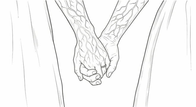 Line Art Illustration of Two Elderly Hands Holding Together