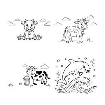 Set of cute black and white coloring pages featuring friendly cows and a playful jumping dolphin illustration