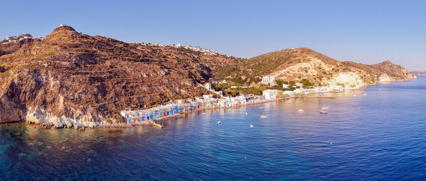 Panoramic aerial view of Klima fishing village, Milos island, Greece