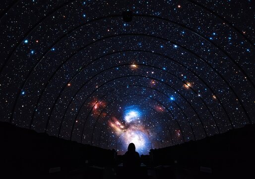 A stunning display of cosmic light projections filling the dome, showing distant stars, nebulas, and the immersive beauty of the universe ,deep ,cosmic ,nebula