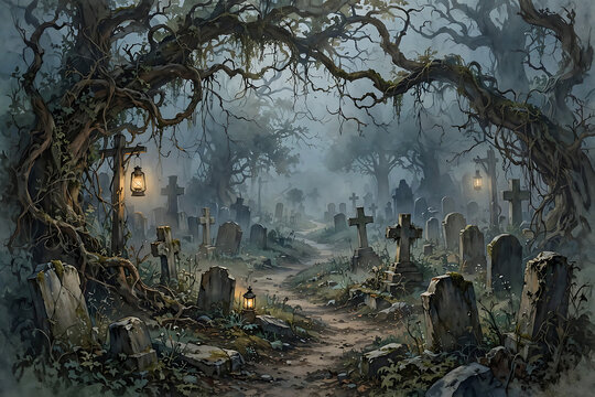 Trees with twisted branches form a natural archway over a narrow cemetery path filled with old graves.