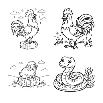 Set of cute farm animals including roosters a sheep and a snake in black and white line art