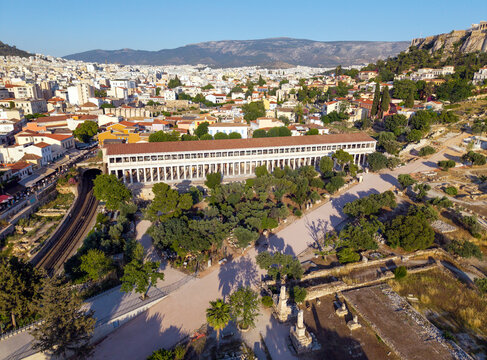 Panoramic aerial view of Stoa of Attalos and Ancient Agora, Athens, Greece