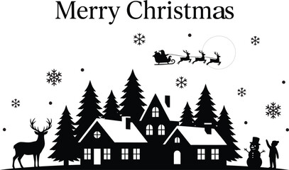 Christmas scene silhouette with reindeer trees and santa claus on white background © Atik