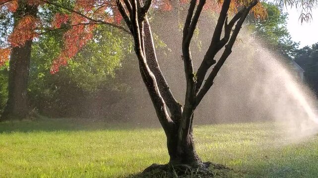 Backyard Lawn Sprinkler Spraying Water on Green Grass at Sunset. Real-time footage of an automatic sprinkler watering a vibrant green suburban lawn during golden hour. Backlit fine mist and water drop