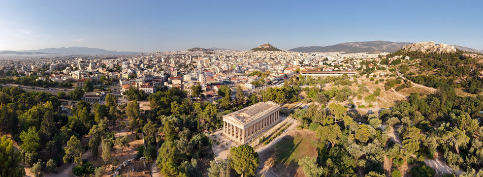 Panoramic aerial view of Temple of Hephaestus, Ancient Agora and Acropolis, Athens, Greece