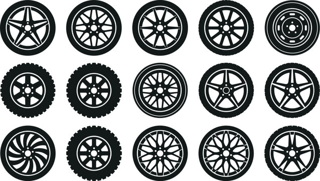 Automotive Wheel Rim and Tire Silhouette Icon Set Featuring Alloy Wheels Off Road Tires Performance Rims and Car Wheel Designs Collection