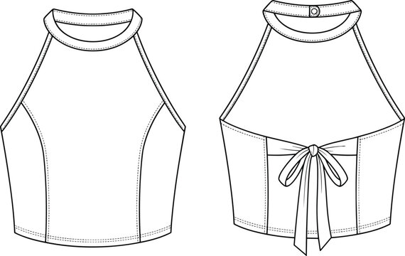 Women's high neck tie back crop top technical sketch fashion flat drawing apparel design template vector illustration