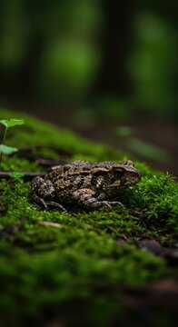 A warty amphibian rests motionless in the wet, lush forest undergrowth, camouflaged perfectly by the surrounding green moss and damp soil ,soil ,wild ,biological