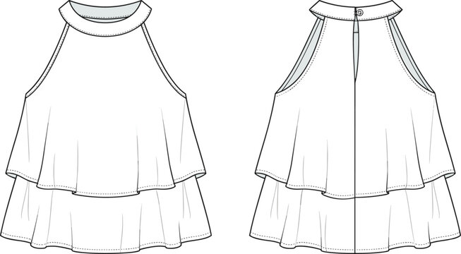 Women's layered halter neck top technical sketch fashion flat drawing apparel design template vector illustration