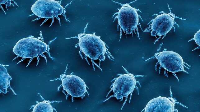 Microscopic scanning electron microscope view of blue dust mites on a dark surface