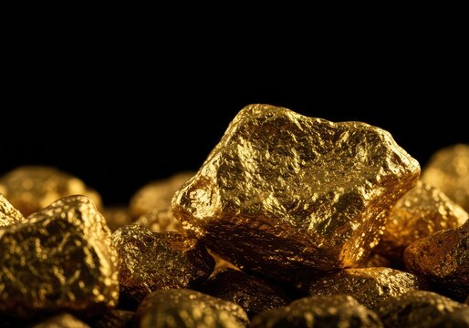 Brightly shining raw gold nuggets extracted from dark underground mineral deposits, representing discovery, wealth, resources, and valuable precious metals ,metal ,glittering ,stone