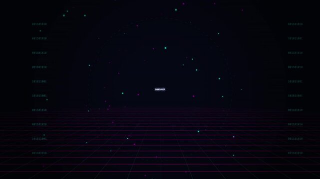 Retro Synthwave Grid Background with Glowing Particles Rising in a Virtual Digital Space Environment