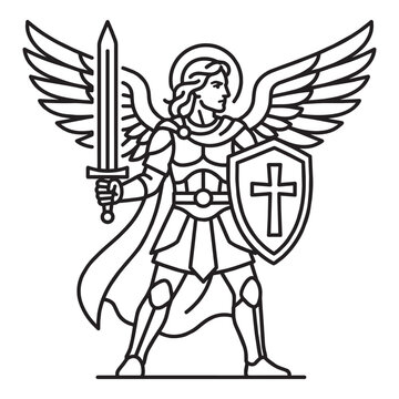 Archangel Saint Michael warrior in armor holding sword and shield with cross symbol black and white line art illustration of biblical heavenly protector angel with wings and halo