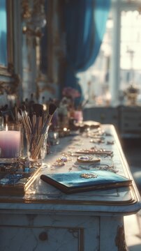 A vanity table with makeup brushes, jewelry, and a candle illuminated by soft morning sunlight streaming through a