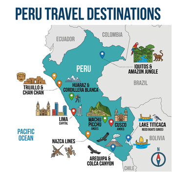 Back to school Peru Travel Destinations Map Vector, Illustrated Tourist Map of Peru with Landmarks and Icons, South America Tourism Infographic with Machu Picchu isolated on White Background EPS