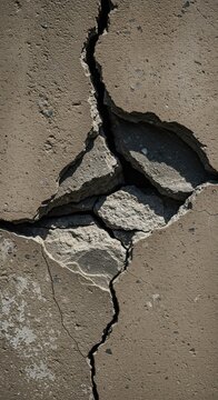 Close-up view of a severely damaged structural barrier showing cracked cement, rough texture, and exposed internal material for construction concepts ,broken wall ,plaster ,distressed