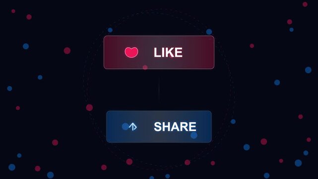 Social Media Interaction Buttons Animation with Like and Share Icons on Dark Background with Floating Particles Motion Graphics