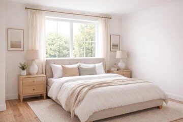 Fototapeta premium Cozy Minimalist Bedroom with Soft Bedding and Natural Light