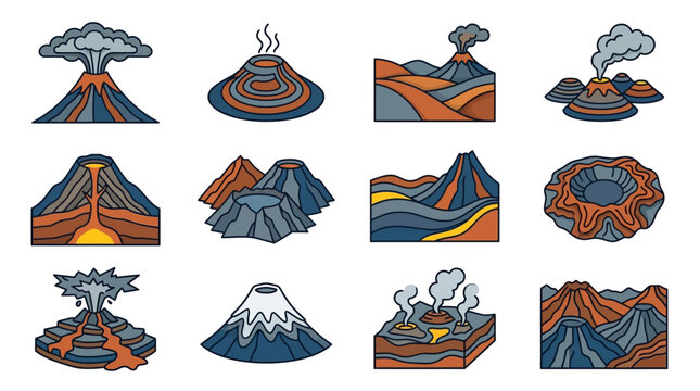 Industrial Set of Diverse Volcanic Eruptions and Geological Cross Sections with Vibrant Colors with high quality professional line art symbols for modern creative design and digital branding projects