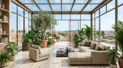 Fototapeta premium Modern Sunroom with City View: Luxury Living, Greenhouse, Plants, Sofa, Balcony